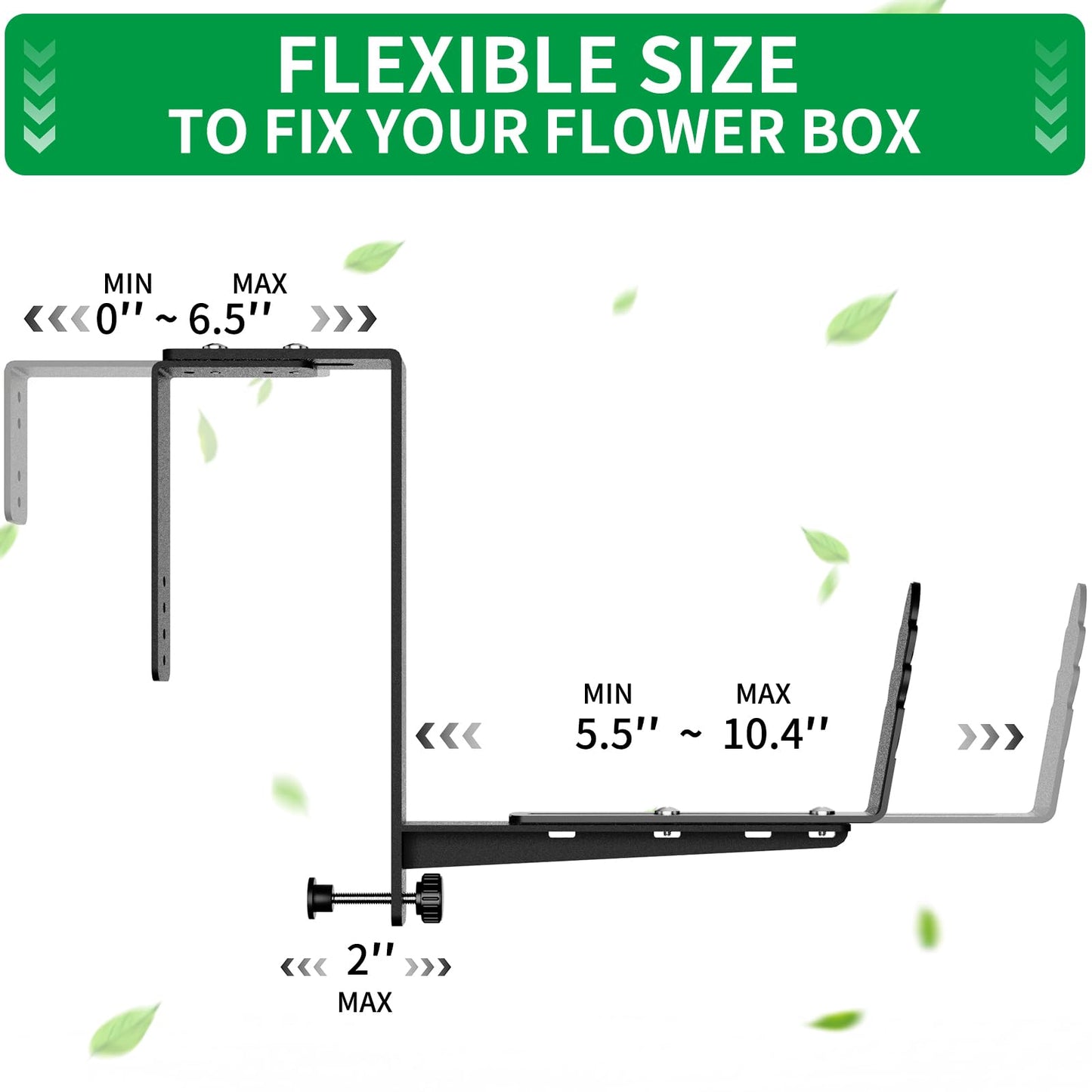 Window Box Brackets, Adjustable Planter Box Brackets, Heavy Duty Iron Flower Box Bracket for Deck Railing with Upgraded Bottom Support - Ideal for Balconies, Fences, and Gardens (2)