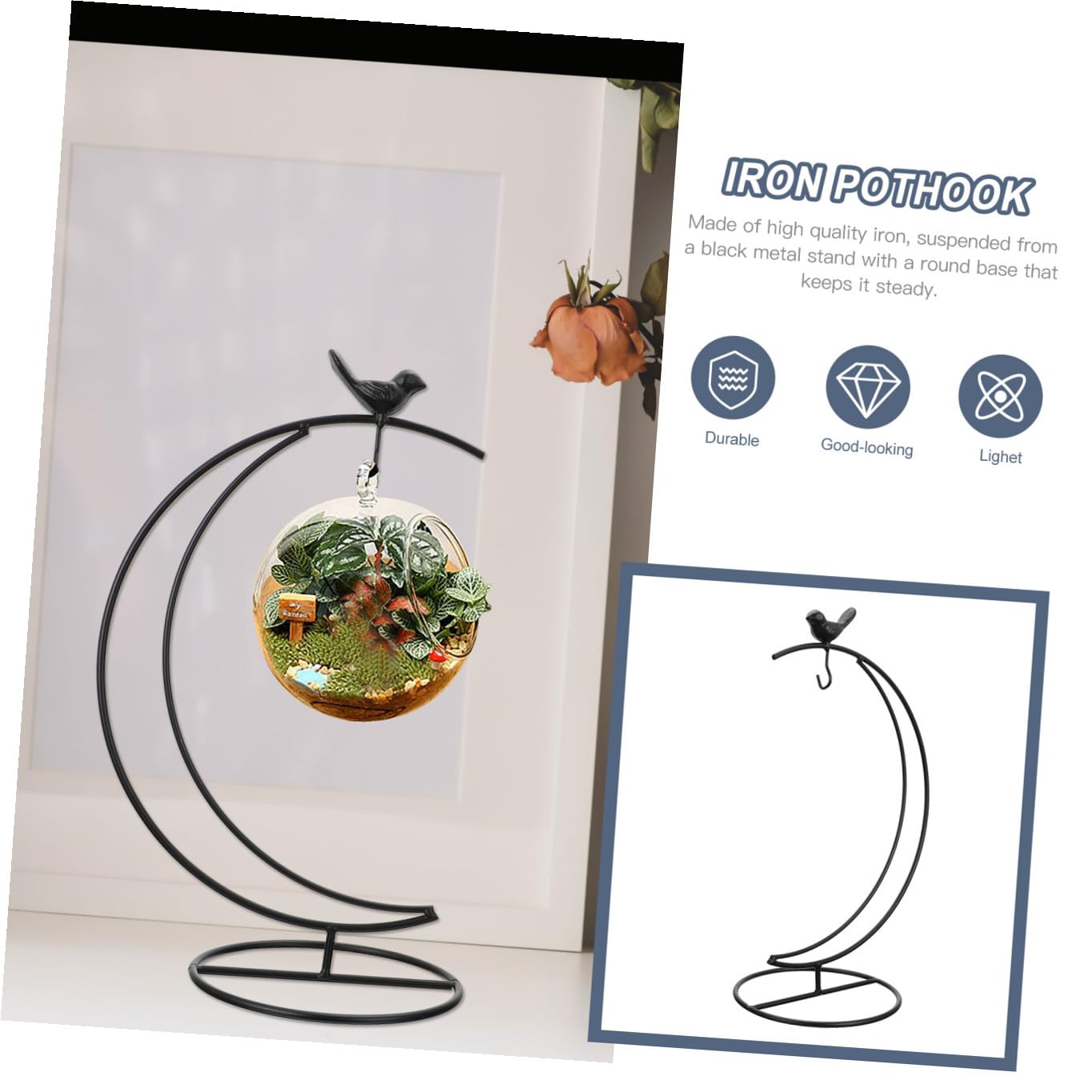 SOLUSTRE Moon Shaped Bird Iron Stand Hanging Flower Pot Holder for Glass Terrarium Decorative Pothook Display Stand for Home and Office Decor for Indoor Plant Arrangement