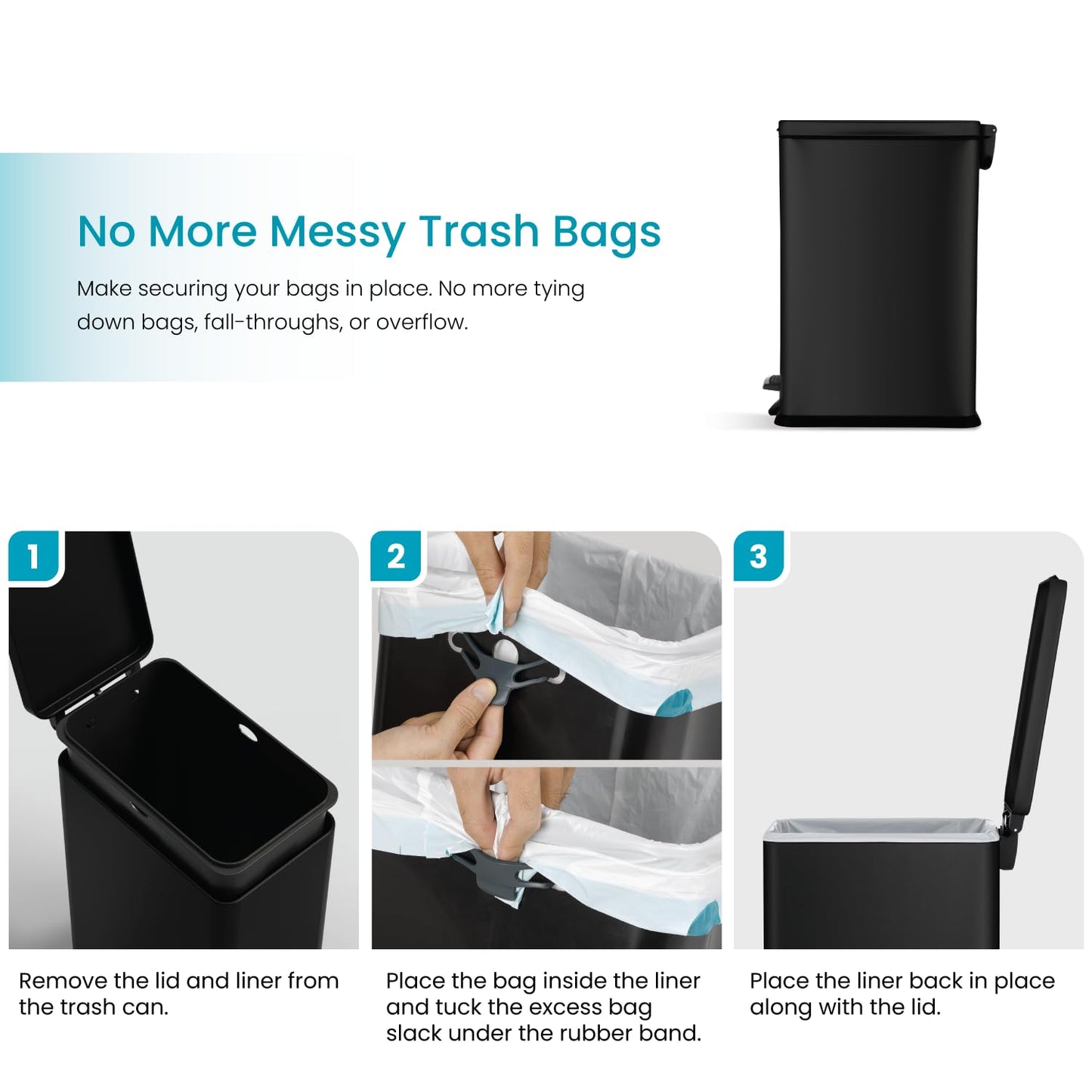Home Zone Living 4 Gallon Slim Kitchen Trash Can with Soft Close Lid and Step Pedal, Matte Black Stainless Steel Wastebasket with Removable Bucket