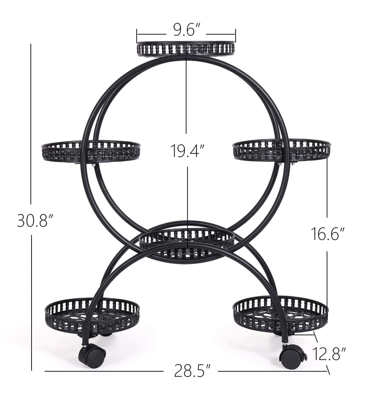 unho Metal Plant Stand 6-Potted: Flower Pot Holder with Wheels 4 Tier Display Shelf Rack for Patio Balcony Yard Garden Home Decor, Black
