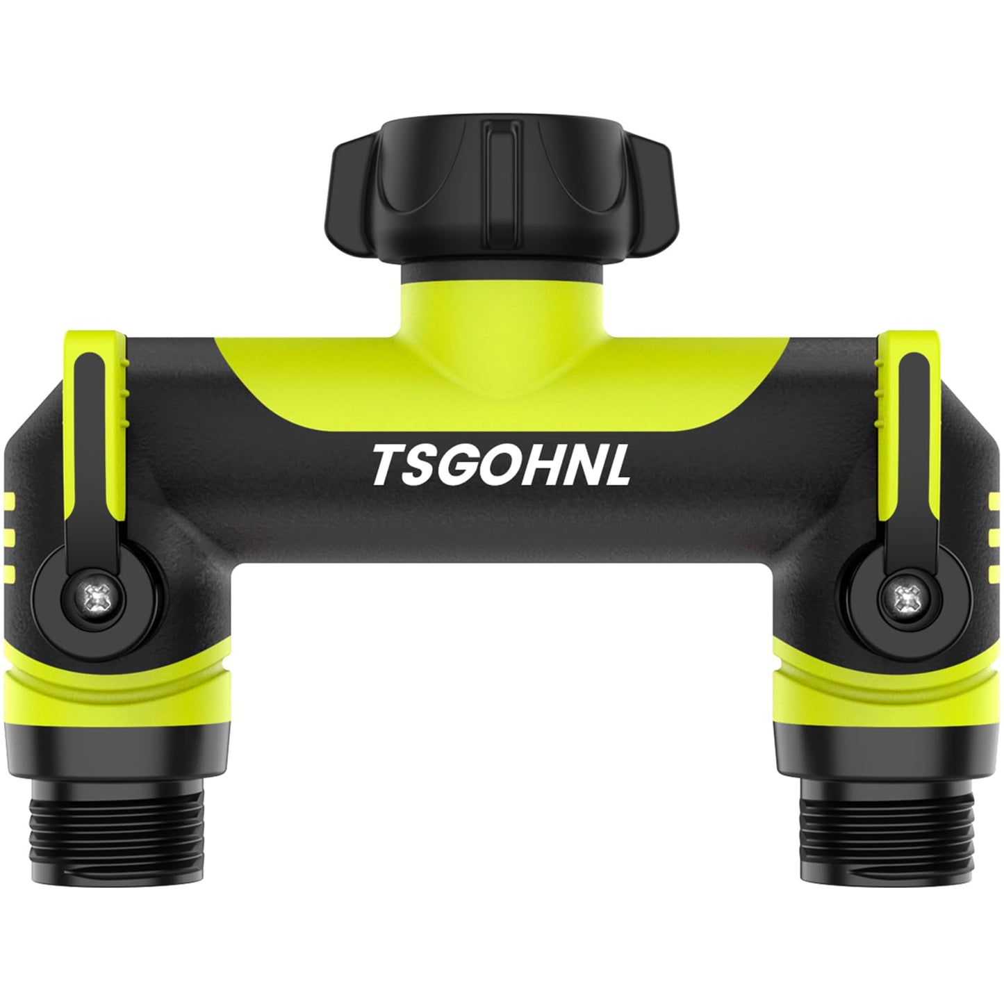 2 Way Garden Hose Splitter, 3/4 Inch Outdoor Faucet Splitter, Hose Manifold with Independent Shut Off Valves, Wide Spacing for Hose Timers, Sprinklers, Lawn, Yard and Garden Watering - Green