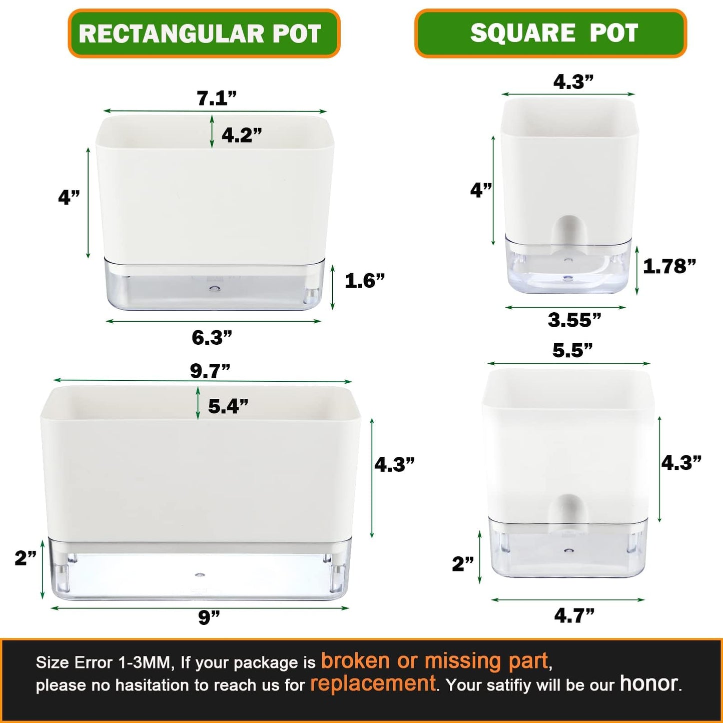 Planterhoma Self Watering Plant Pots for Indoor Plants 4.3 inch, 6 Packs Square Self-Watering Planters with Drainage Hole, White African Violet Pots for Devil's Ivy, Spider Plant, Orchid, Herb