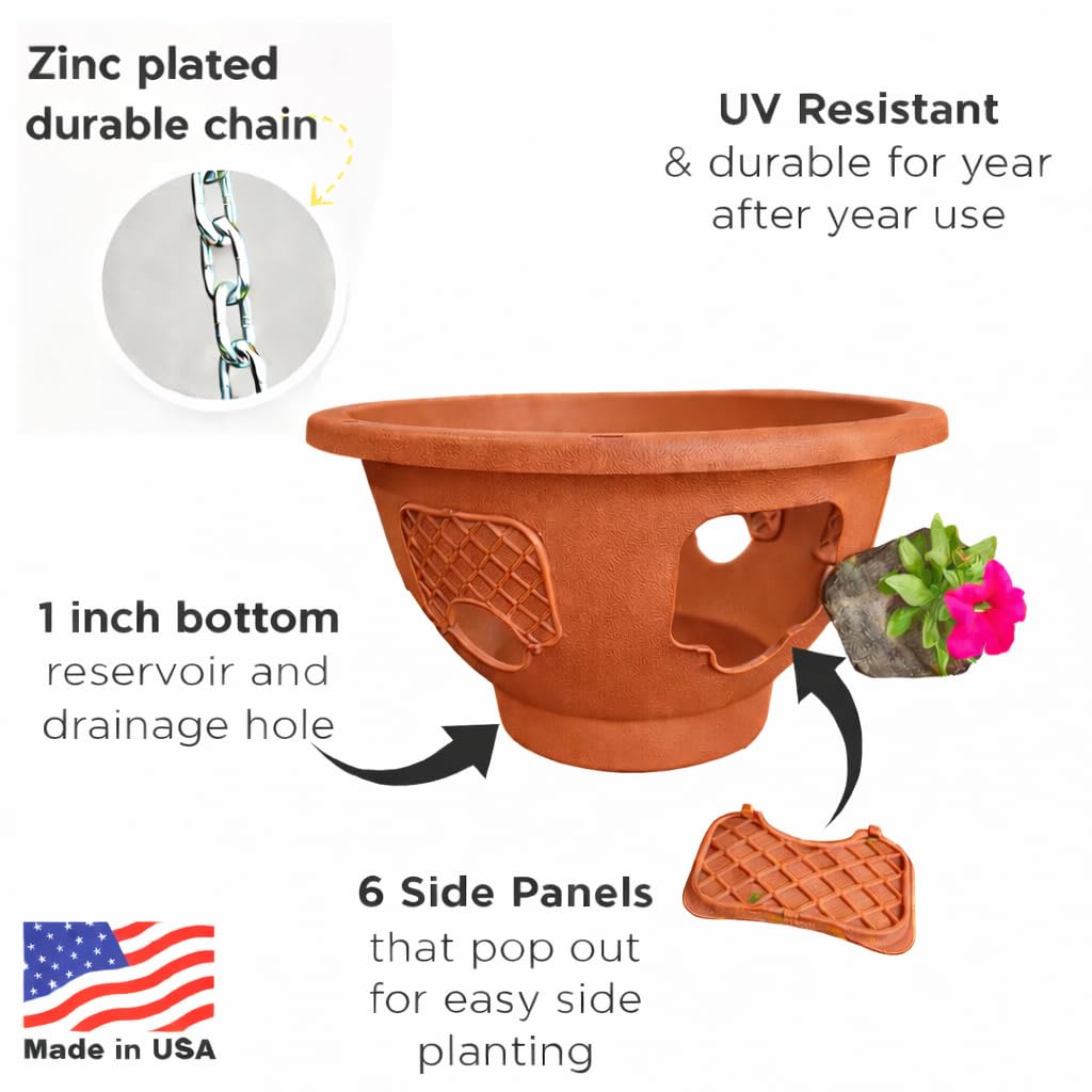 smart spring Ultimate Hanging Baskets - Strawberry, Tomato, Flower, and Herb Outdoor Planters - Use Garden Pots for Growing Plants Outside On A Deck, Fence, or Balcony (2, Terracotta)