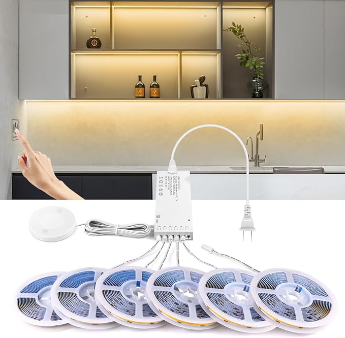 AIMENGTE Cabinet Light 12V COB LED Strip Lights, 6-in-1 Penetrable Touch Dimming