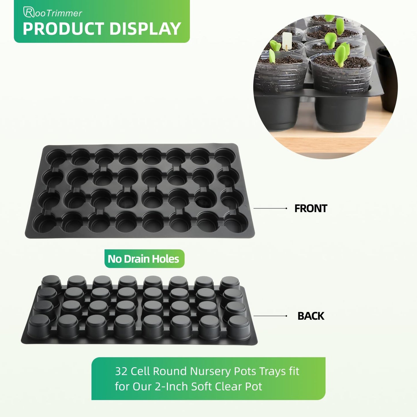 RooTrimmer 5-Pack 32 Cell Seedling Trays & 160 Pack 2" Soft Clear Nursery Pots -Thickened Durable Plant Starter Kit for Seed Germination (5 Sets)