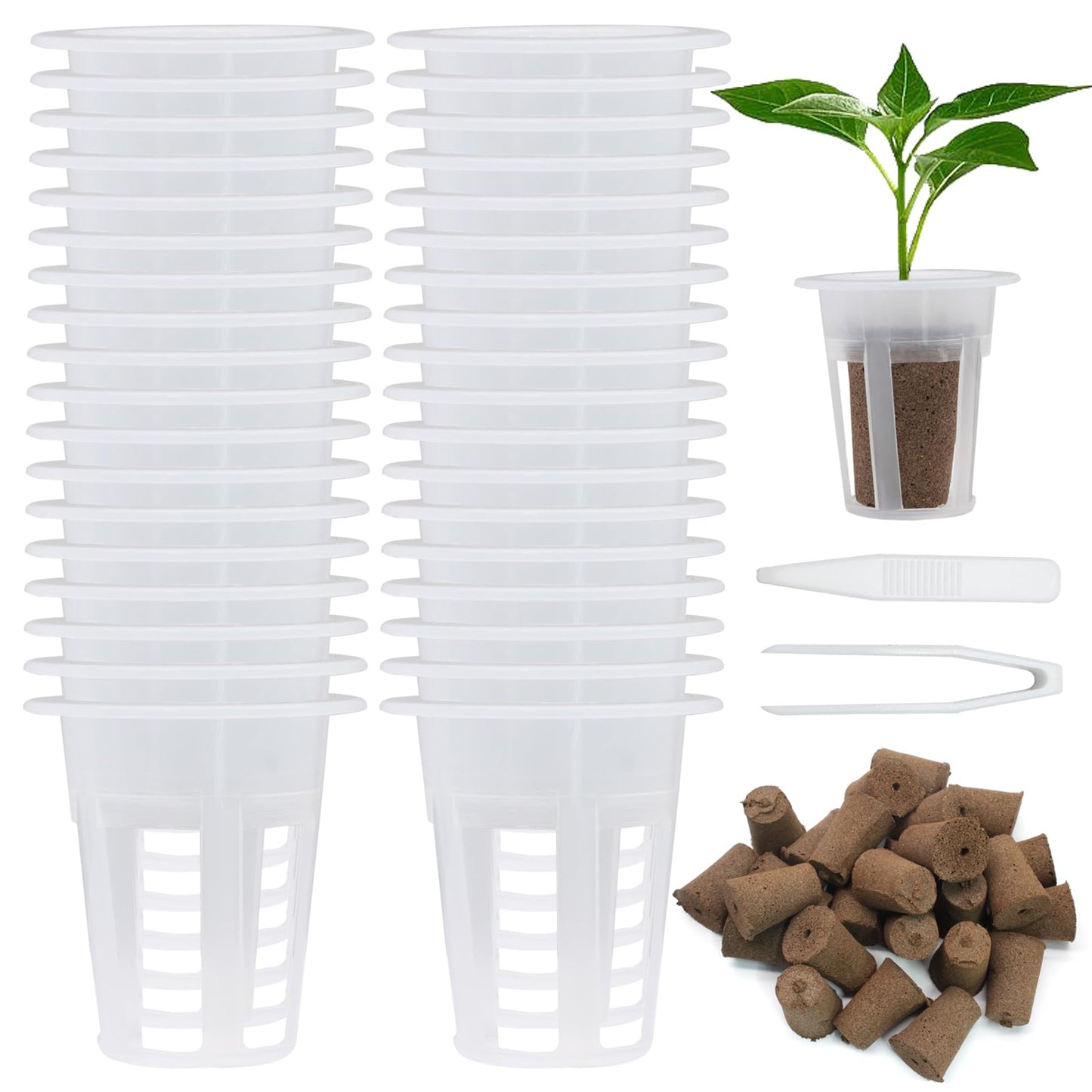 vibedor 62 PCS Hydroponic Seed Growing System Hydroponic Growing Kit, 30 Hydroponics Plant Baskets and 30 Grow Sponges Pods, 2 Tweezers for Ourdoor Use and Garden Indoor