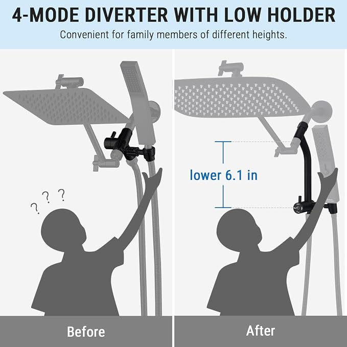 G-Promise All Metal 16 Inch Rain Shower Head with Massage Mode Handheld Spray Combo, 3-Way Diverter with Pause Setting, Full Body Coverage, Modern Bathroom Upgrade (Matte Black)