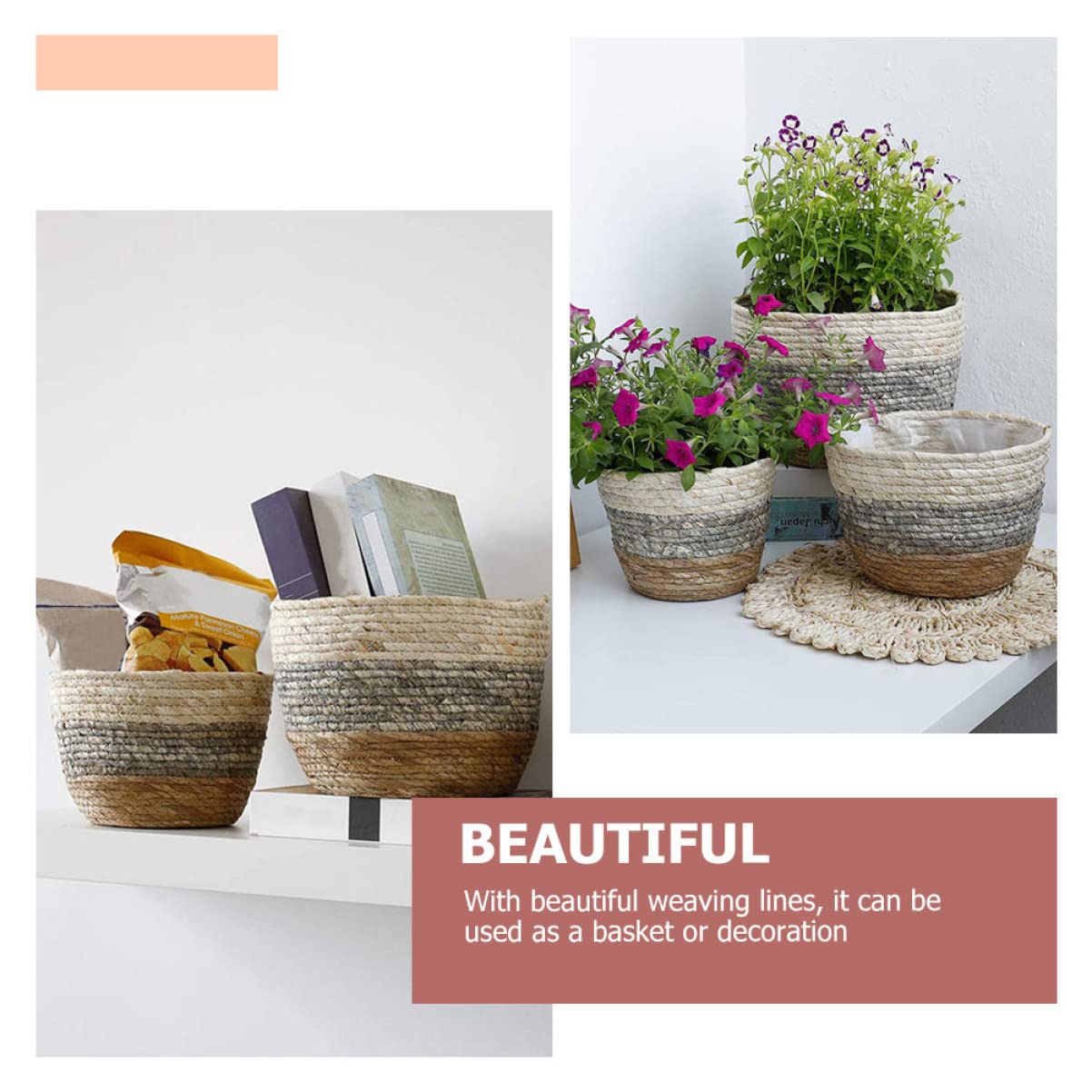 Kisangel 2pcs Flower Basket Woven Planter Plant Pots Indoor Plant Basket Multi-Purpose Woven s for Plant Multi-Purpose s Straw Flower Pot Girl Grass