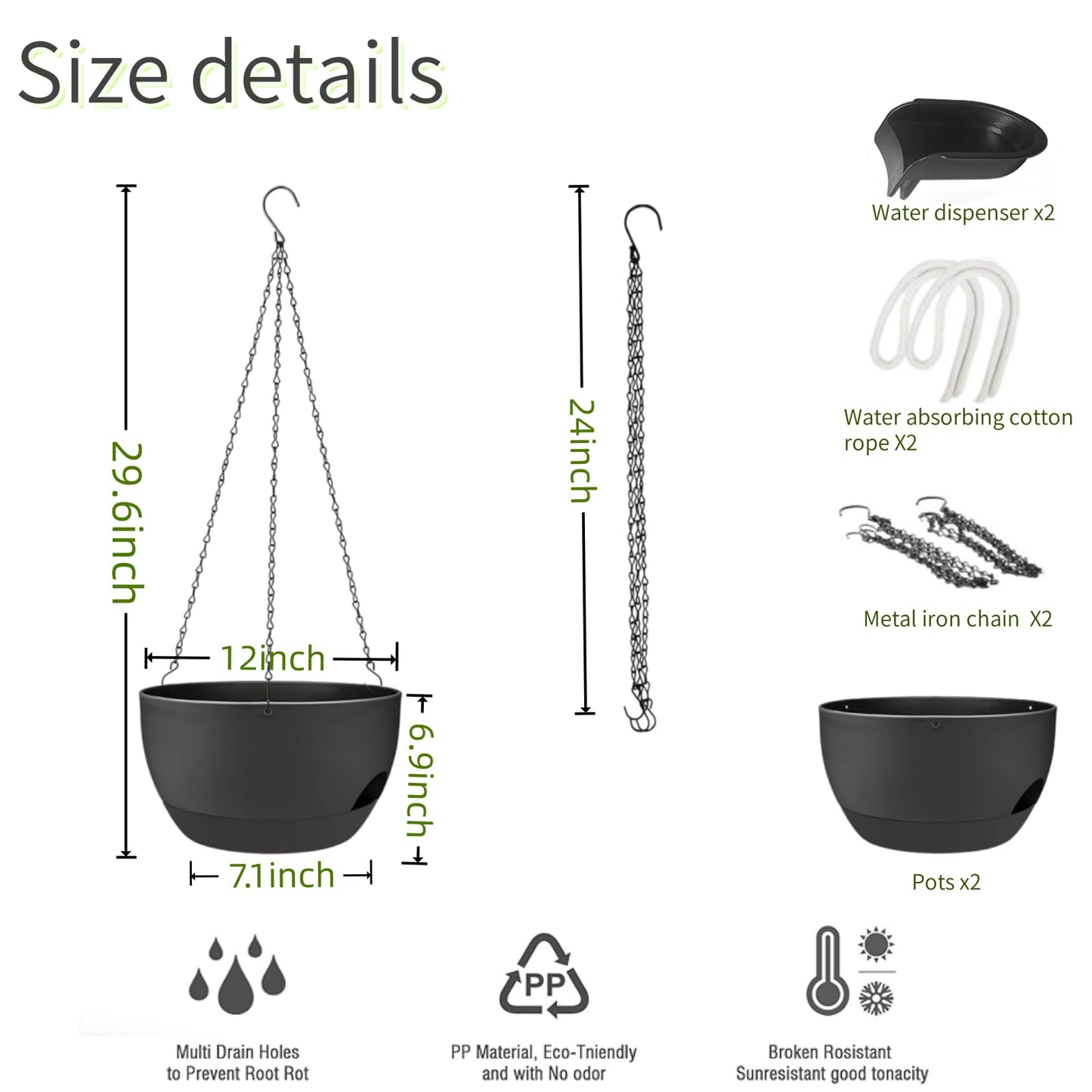 CNLBO 12 Inch Self Watering Hanging Planters 2 Pack, Indoor Outdoor Hanging Pots for Plants with Drainage Holes & Saucers, Black Plastic Hanging Baskets for Kitchen Balcony Garden