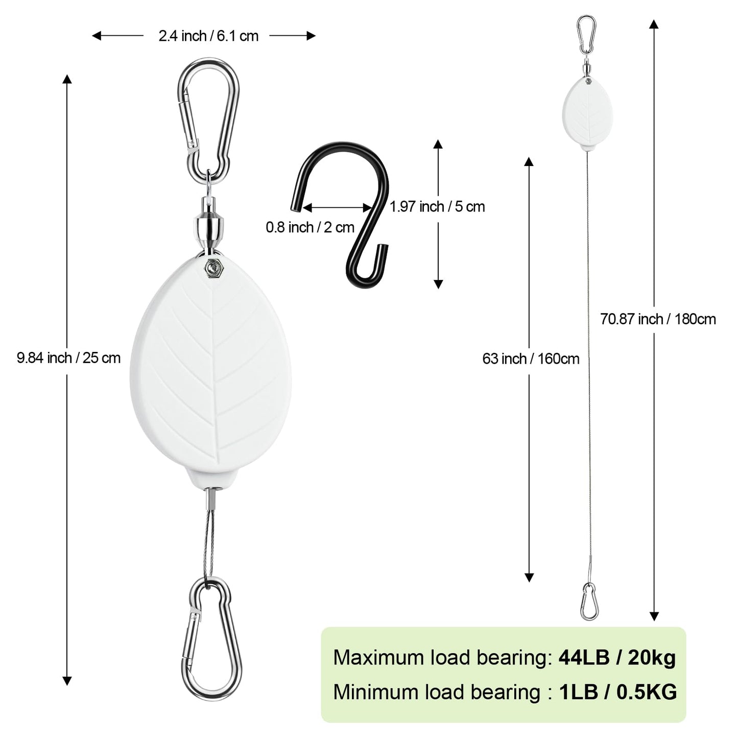ZUZUAN 2026New 3Pcs Retractable Plant Hanger with Leaf Texture,44Lbs Load Capacity,Auto Lock,Adjustable Hook for Hanging Plants,Bird Feed,Wind Chimes,Garden Pots,Rust-Proof Stainless Steel,White