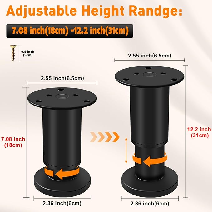 4 PCS Adjustable Round Furniture Legs 7-12.2 inch, Adjustable Height Metal