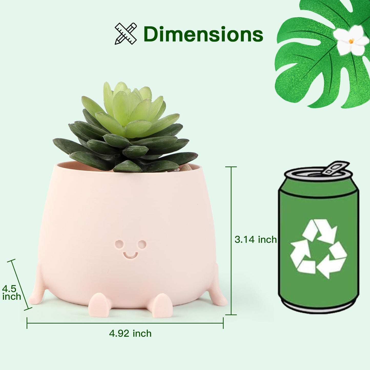 EcoBioPrint 3.5 Inch Cute Plant Pot - Plastic Funny Planter with Drainage Holes for Indoor Outdoor - Small Succulent Face Flower Pot - Cute Plant Gifts for Plant Lovers