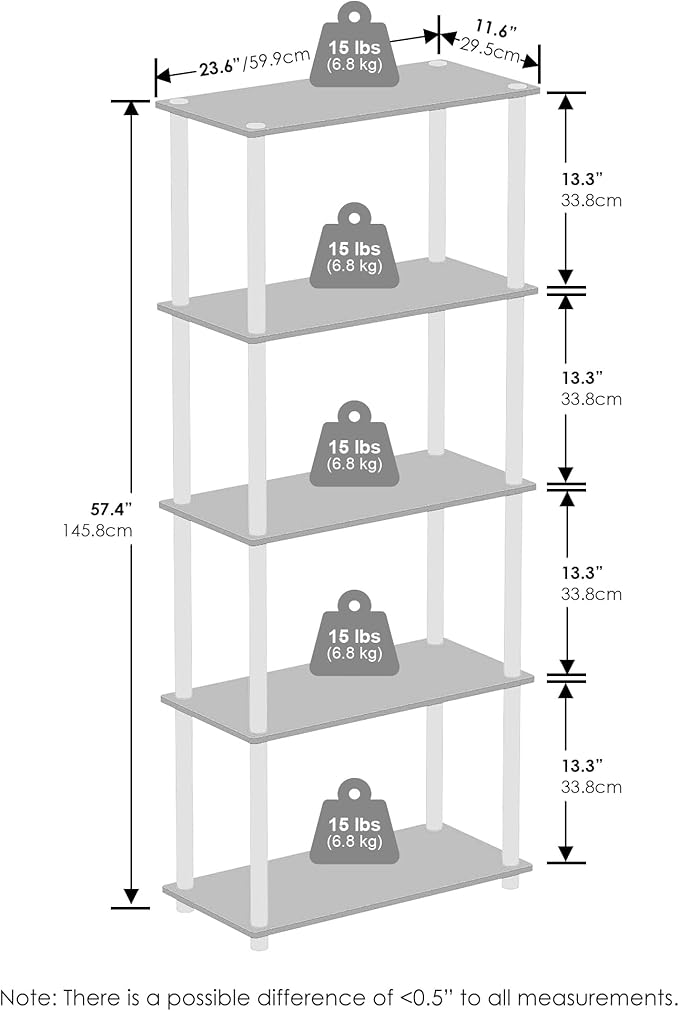 Furinno Turn-N-Tube Book Shelf, 5-Tier Bookshelf, Bookcase
