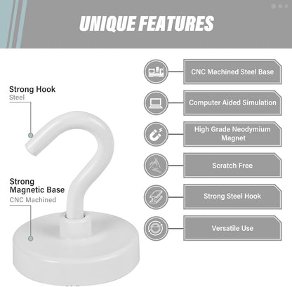 Neosmuk Magnetic Hooks Heavy Duty, Strong Magnet with Hook for Fridge, Super Neodymium Extra Strength Industrial Hooks for Hanging, Magnetic Hanger for Toolbox, Cruise, Grill(White,4 Pack)