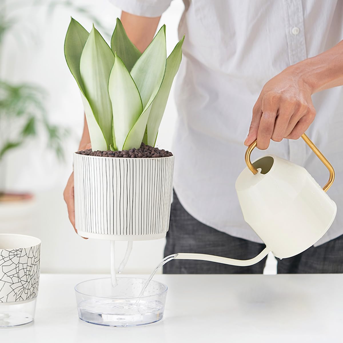 XKYQSY 3 Pack 4.3+5.5+6.3 Inch Self Watering Pots Set, Self Watering Planter with Reservoir and Wick Rope for Indoor/Outdoor Plants, Modern Houseplants Pots for African Violets,Cactus,Succulents