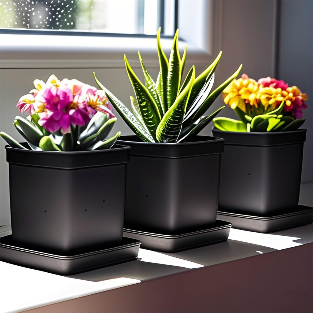 Tectsia Square Plant Saucer 10 Inch 5 Pack, Planter Trays for Flower Pots, Plant Water Catcher Drip Dishes, Plastic Bottom Watering Plates Indoors and Outdoors - Black