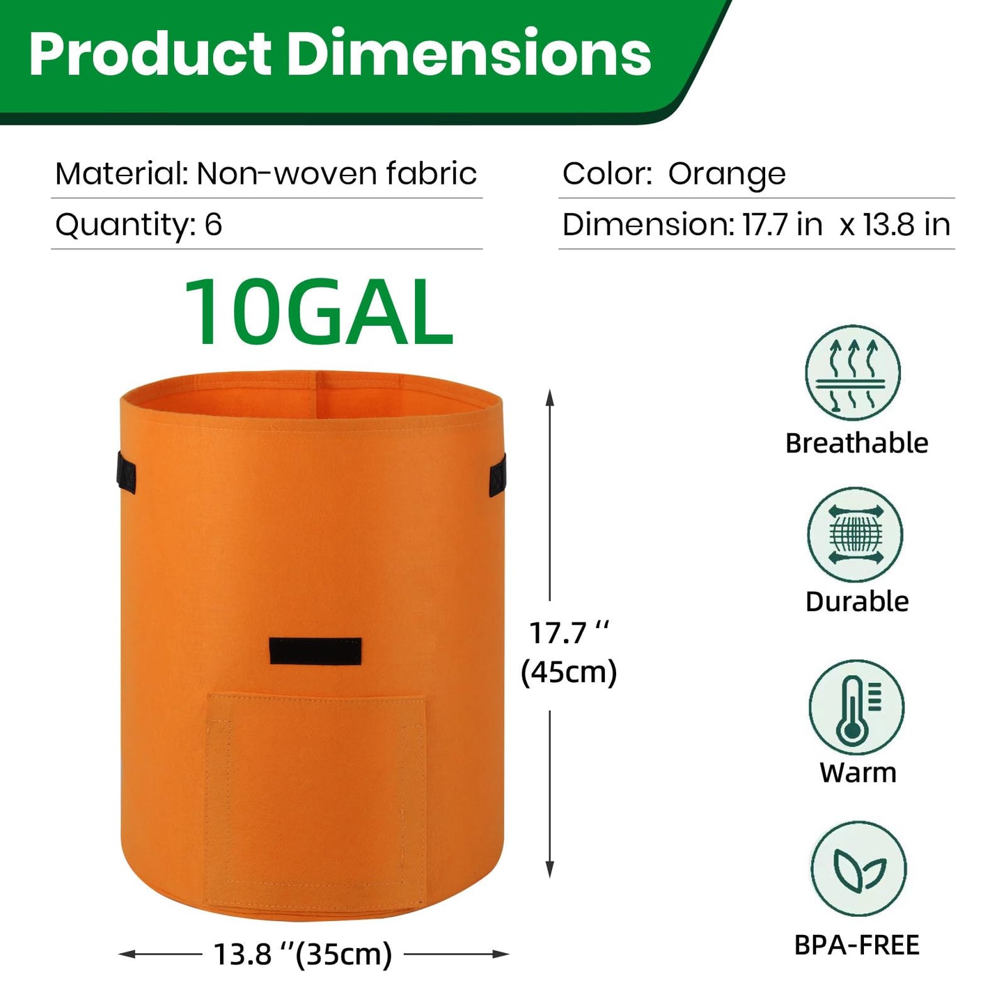 6 Pack Potato Grow Bags, 10 Gallon Planting Bags Large Fabric Pots with Flap Window Vegetable Planter Garden Pot Tall Potato Growing Containers with Handles for Vegetables, Fruits and More, Orange