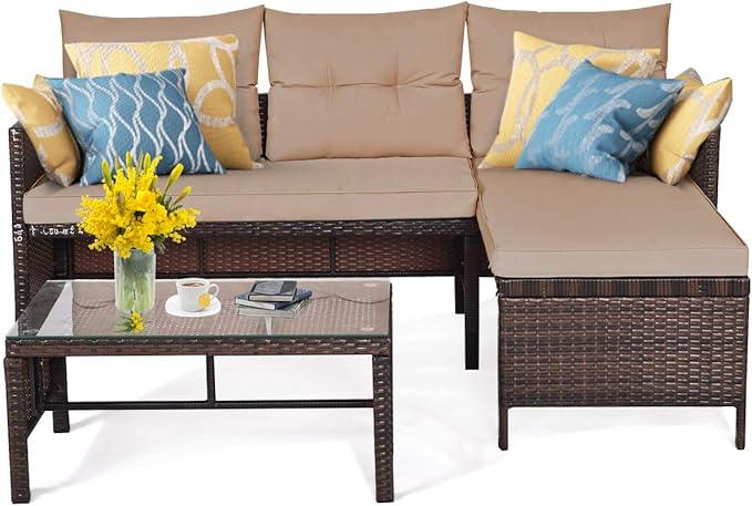 Tangkula Patio Corner Sofa Set 3 Piece, Outdoor Rattan Sofa Set, Includes