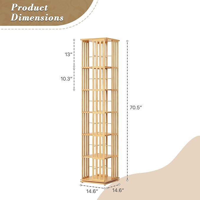Athena Collection Rotating Bamboo Bookshelf, 6-Tier Floorstanding Corner