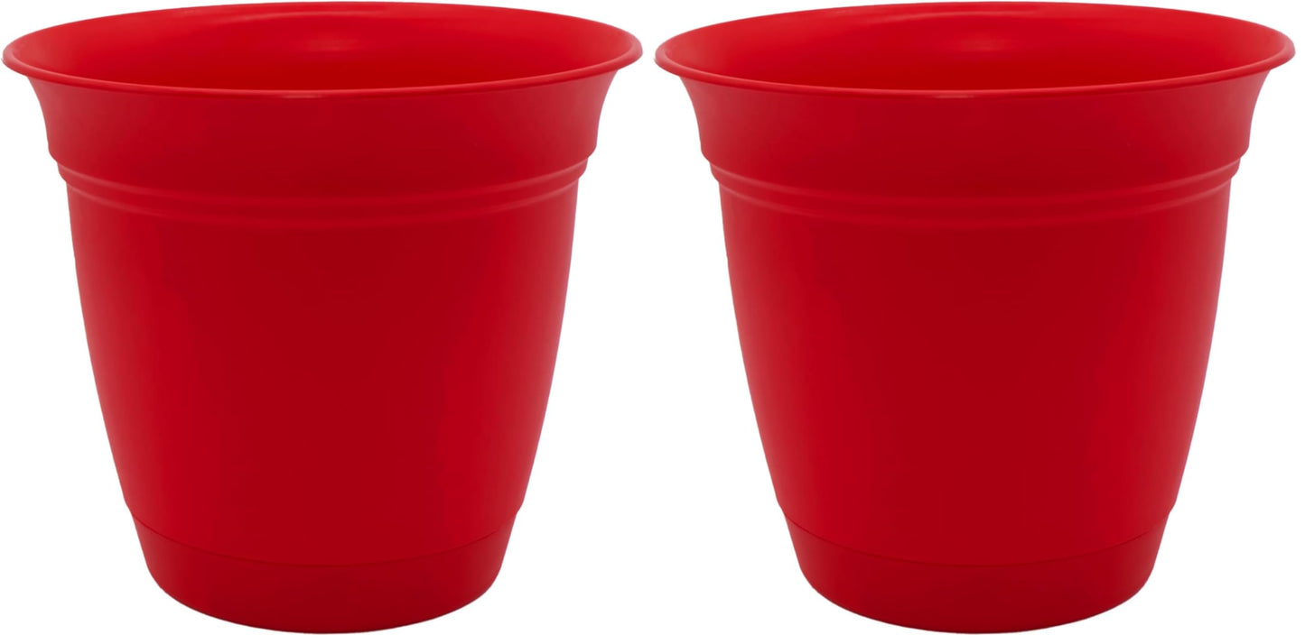 The HC Companies 8 Inch Eclipse Round Planter with Saucer - Indoor Outdoor Plant Pot for Flowers, Vegetables, and Herbs, Strawberry Red (Pack of 2)