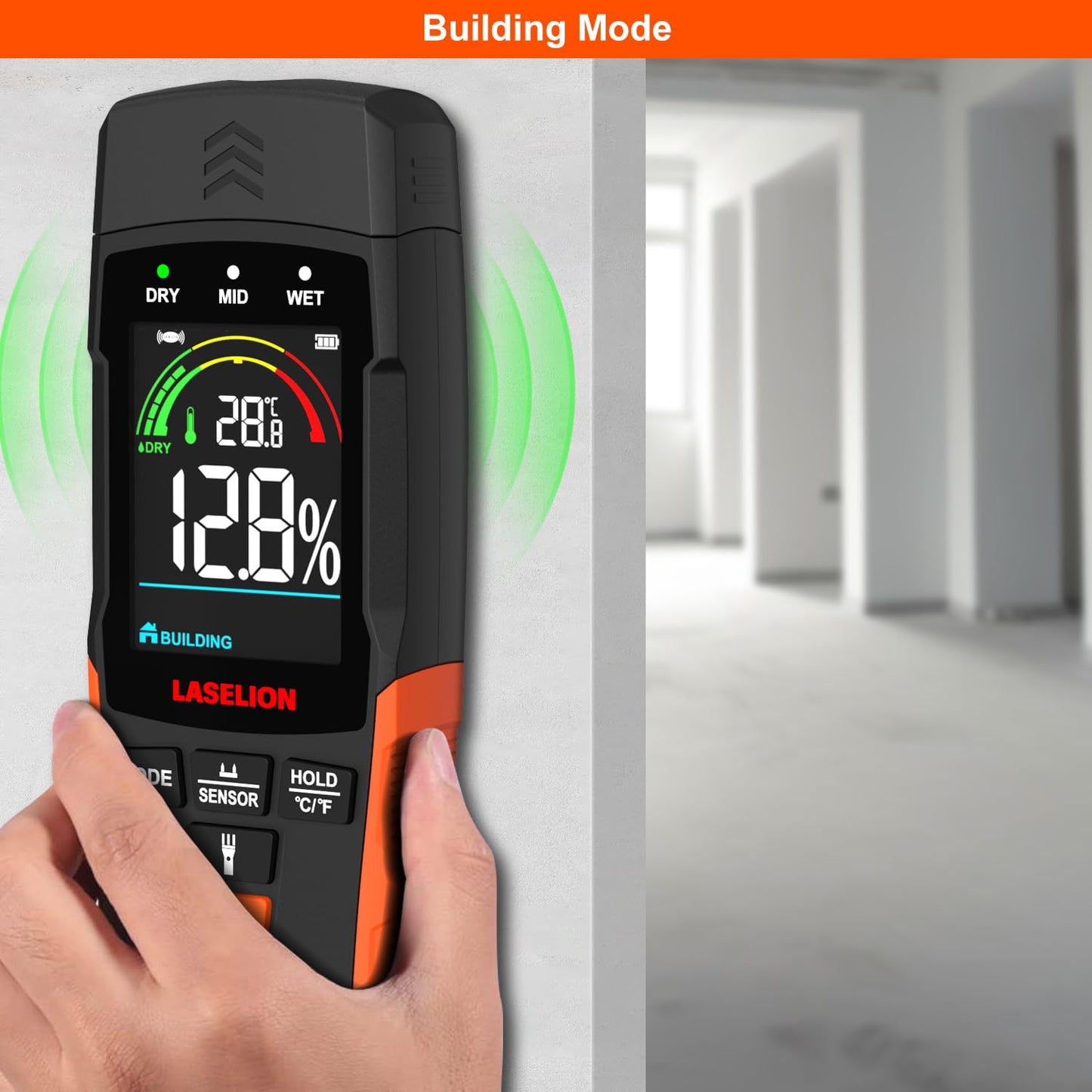 LASELION 2-in-1 Pin & Pinless Moisture Meter MS03 – Accurate Moisture Detection for Wood, Concrete, Drywall, and More – LCD Display with Hold Function, Flashlight, and Auto Power Off