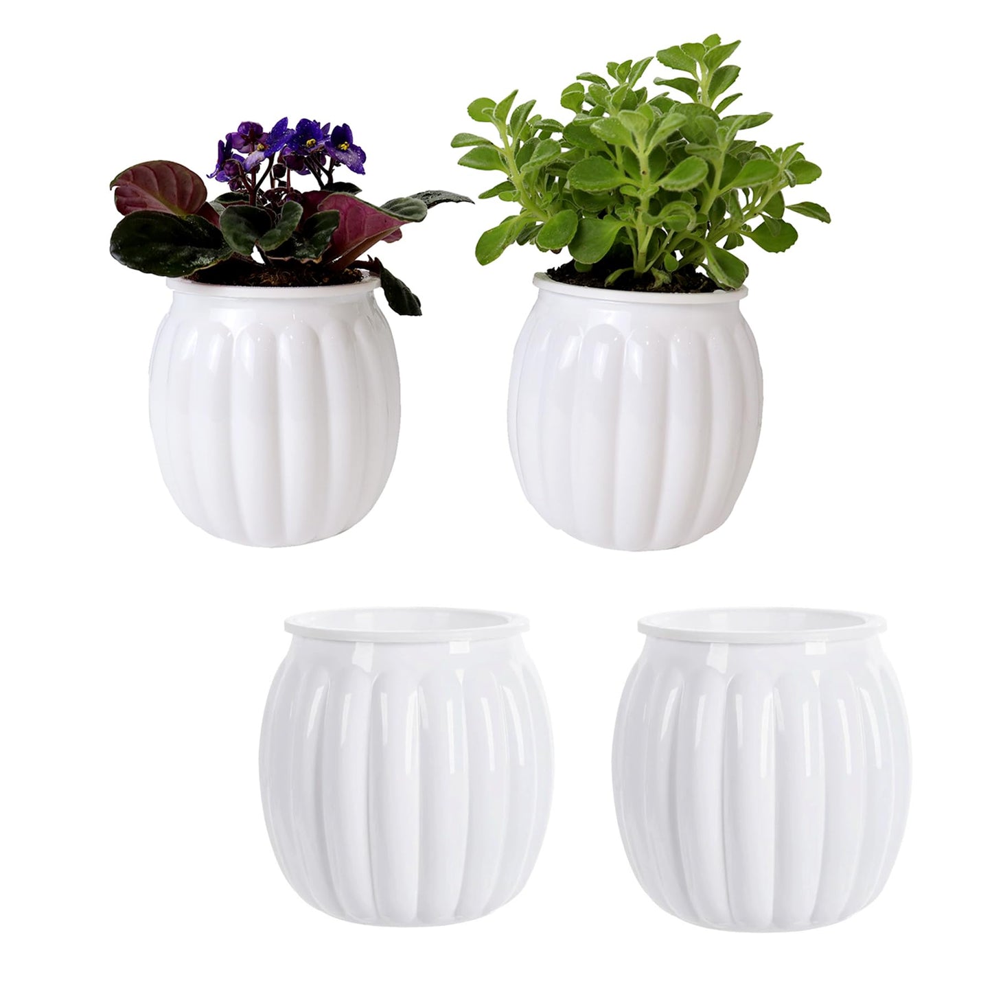 Cornasee 4" Pumpkin Planter Self Watering Pot, 4-Pack Small Plastic Planters for Indoor Plants,Flowers,Succulent,African Violets (White, 4")