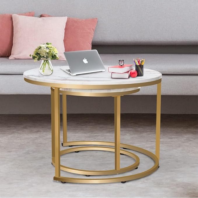 aboxoo Coffee Table Nesting White Set of 2 Side Set Golden Frame Circular Round