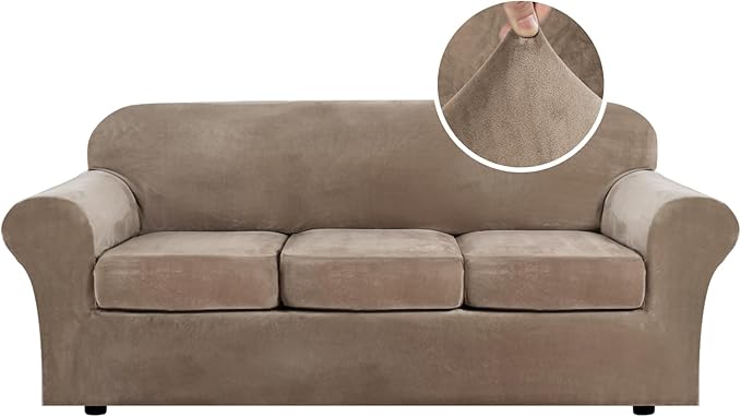 H.VERSAILTEX Modern Velvet Plush 4 Piece High Stretch Sofa Slipcover Strap Sofa