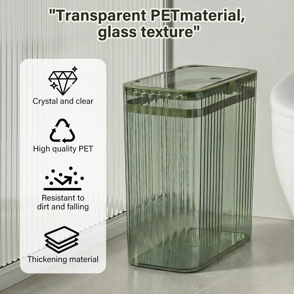 Grtufsat Bathroom Trash Can with Lid3.5 Gallon Garbage Can，for Bedroom, Office, Plastic Slim Waste Basket with Press Top Lid, 15l Clear Trash Bin for Home Slim Trash Bin Clear, Kitchen （Green）