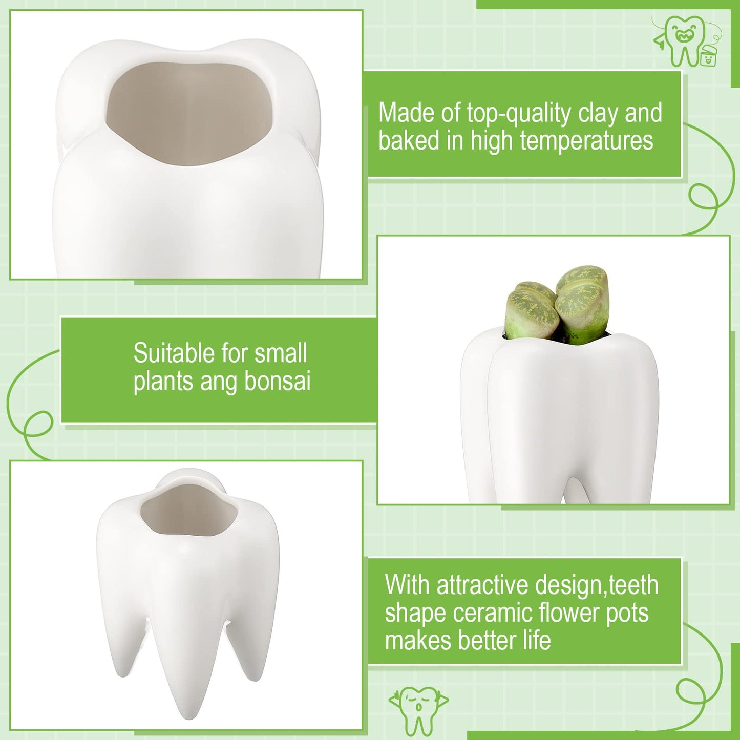 Tooth Shaped Flower Pot Dental Pots Ceramic Modern Style Teeth Pots White Cactus Bonsai Planter Container Small Cute Succulent Plant Pot for Dentists Gift Home Office Decoration, 3.9 Inch (14 Pcs)