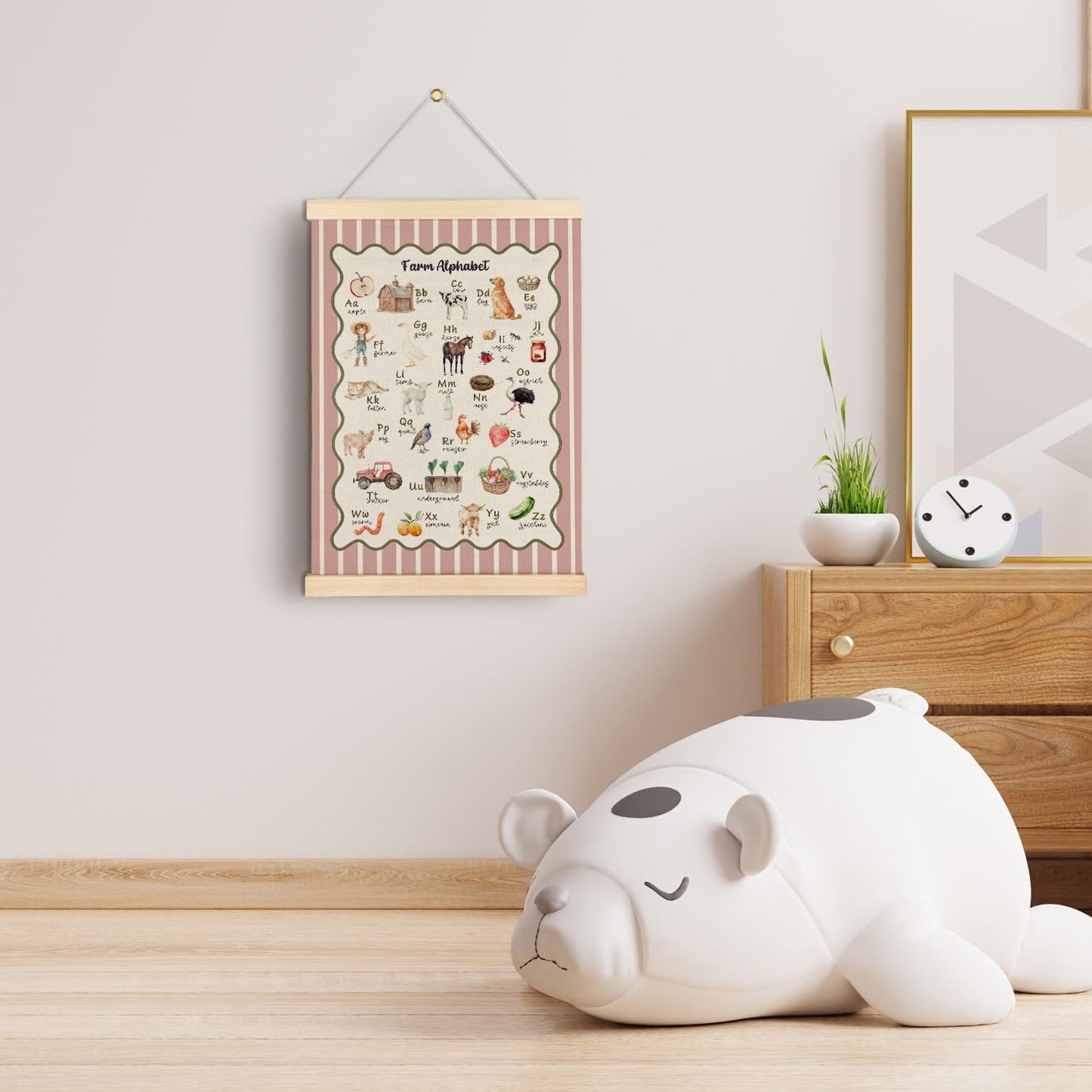 Qvapt Farm Alphabet Pink Wall Art Poster Hanger Frame, Farmhouse Animal ABC Educational Wall Art With Wooden Poster Hanger for Toddler Room Classroom Nursery Playroom Decorations, 12x16 Inch
