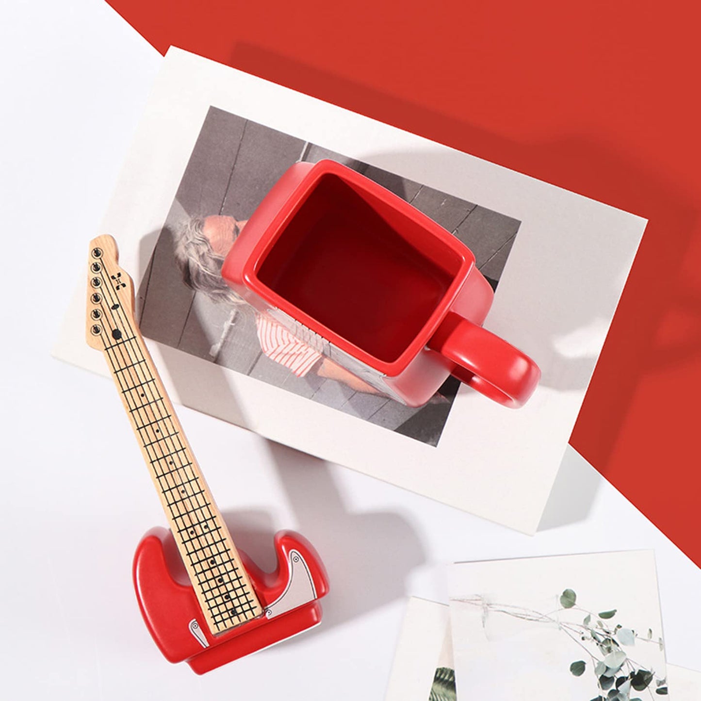 LUCYLANKER Electric Guitar Shaped Ceramic Mug, Novelty Music Themed Coffee Cup, Creative Drinkware for Tea, Funny Birthday, Halloween, Christmas Gift for Musicians & Rock Lovers, 15 oz (Red)