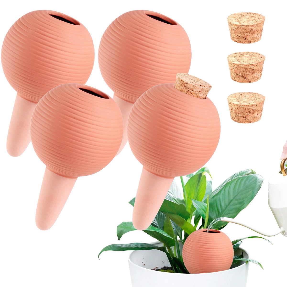 Plant Watering Globes Set of 4, 14oz Terracotta Self-Watering Globes for PottedPlants, Watering Planter Insert Bulbs with Cork Stoppers, Automatic Watering Spikes for Indoor&Outdoor Plants, Orange