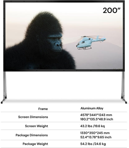 AWOL VISION Folding Outdoor Projector Screen with Stand (200 inches)，Outside Projection Screen 4K/8K UHD Support, Freestanding, Portable Alloy Frame, 16:9 HD, Lightweight for Camping, Backyard