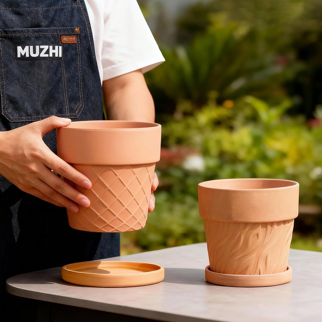 MUZHI 4Sets Round Terracotta Pot with Drainage Tray 6.5” 4.1”, Decorative Breathable Patterned Clay Plant Planter Pot Indoor Outdoor Plants Flowers Succulents Herbs cactus (4 Pack Cylindrical Pots)