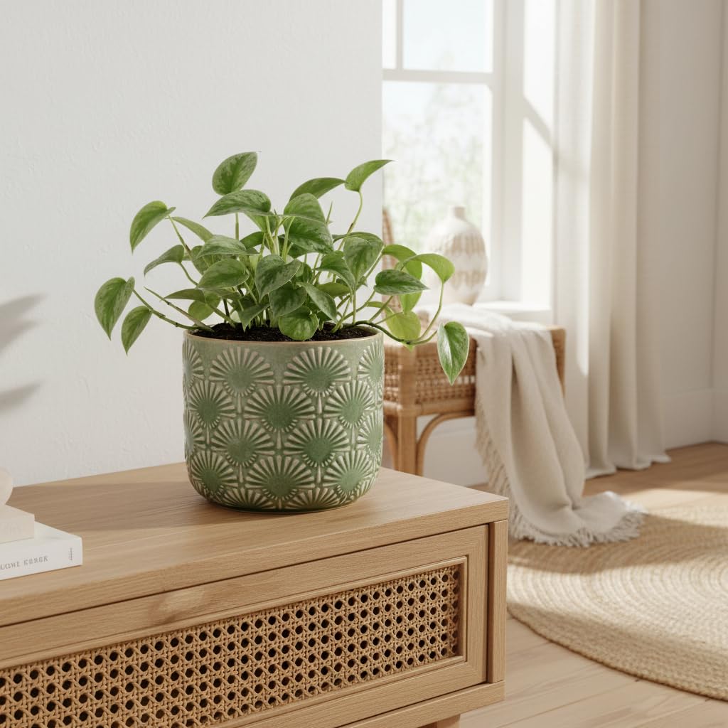 Xiaan Jiaju Boho Embossed Ceramic Flower Pot, 6.7 Inch Contemporary Pots for Indoor Plants, Scandinavian Decorative Glazed Planter with Fan Pattern, Mint Green