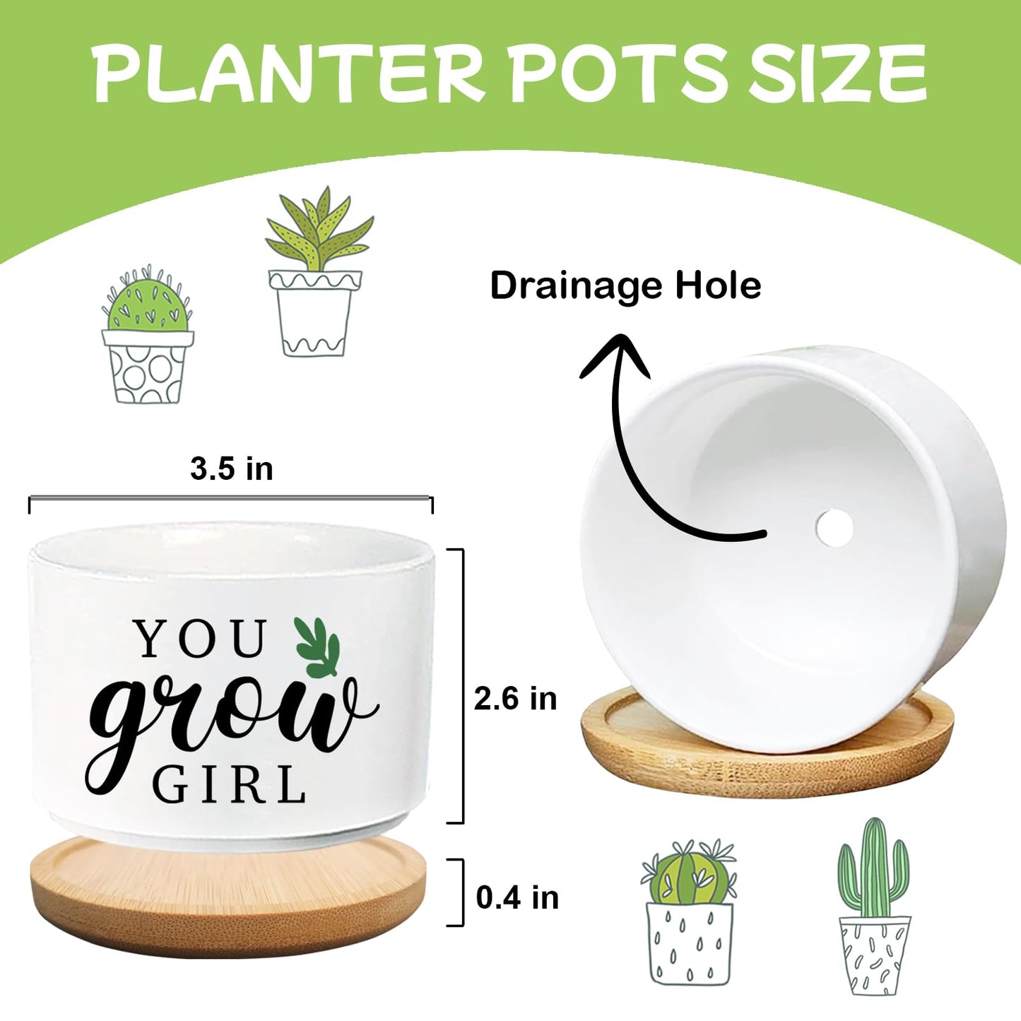 Grow Funny Planters for Indoor Plants, Cute Plant Pots You Grow Girl Succulent Planter Cactus Pot, Ceramic Planter, Appreciation Housewarming Gifts for Women, Friends (3.5 inch Pots, No Plants)