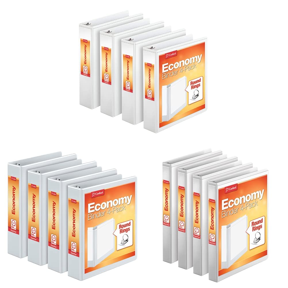 Cardinal Economy 3 Ring Binder, 2 Inch, Presentation View, White & Cardinal 1.5 Inch 3 Ring Binder, Round Ring, White, 4 Pack & Cardinal Economy 3 Ring Binder, 1 Inch, Presentation View, White