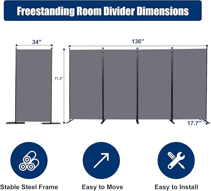 Room Divider 6FT Portable Room Dividers and Folding Privacy Screens, 4 Panel