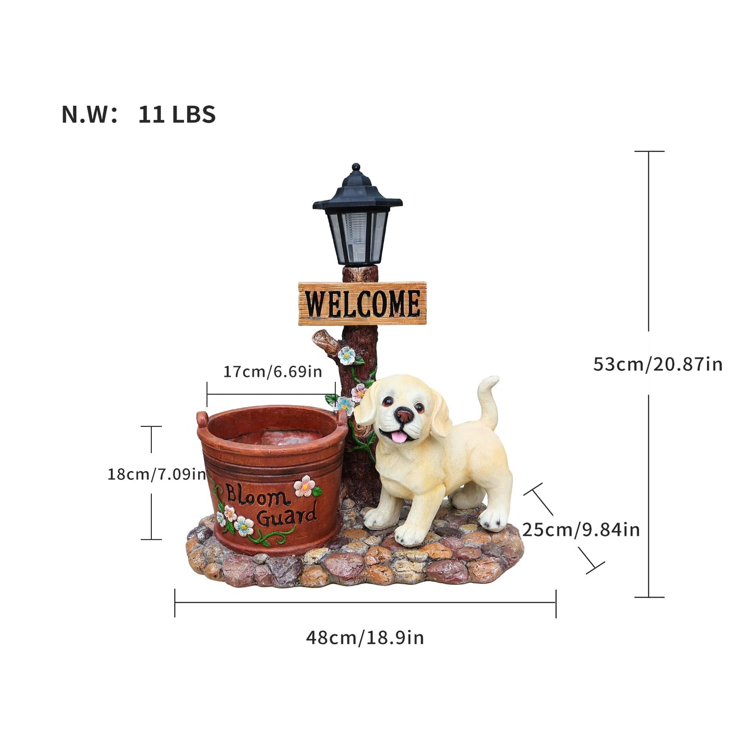 UNOIRNM Labrador Puppy Outdoor Garden Statue - with Solar Lantern and Bloom Guard Planter, Extra Large 20.9" Welcome Dog Figurine for Patio, 11 lbs Heavy Duty Resin Decor, 18.9" Length Flower Pot