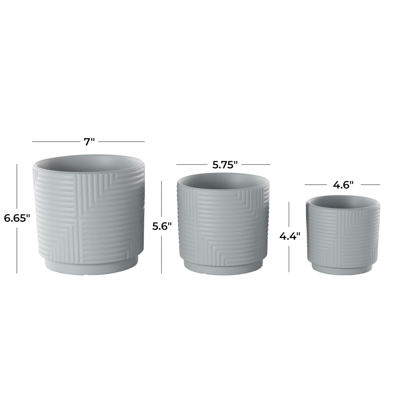 Deco 79 Ceramic Indoor Outdoor Planter Small Planter Pot with Layered Square Shaped Grooves, Set of 3 Planters 7", 6", 4"H, Gray