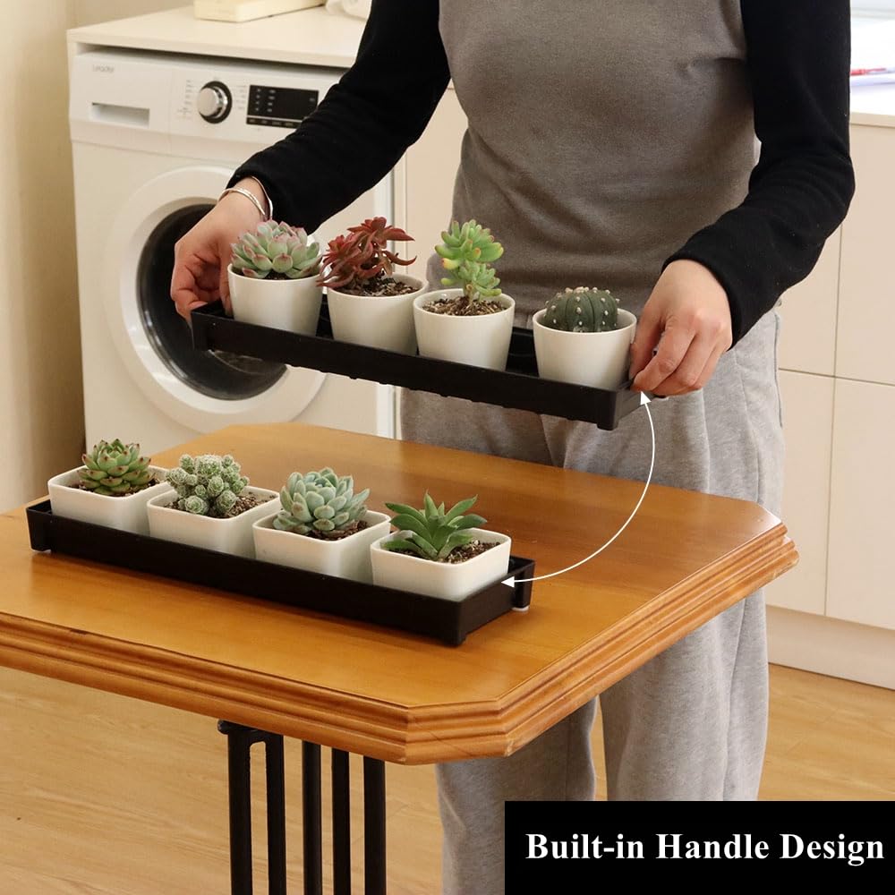 BangQiao 6 Pack 16.20 Inch Black Plastic Decorative Rectangular Planter Pot Saucer Drip Tray with Removable Drain Plug for Windowsill, Shelf, Tabletop, Kitchen, Balcony, Small Potted Plant