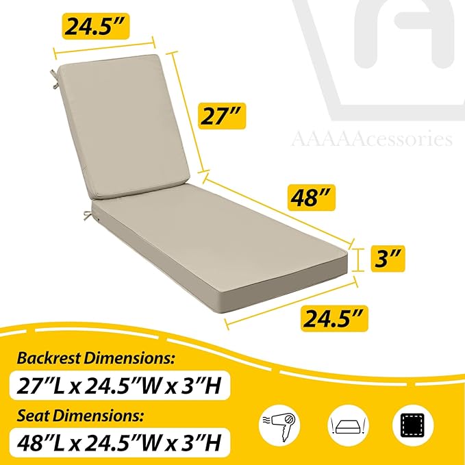 AAAAAcessories Outdoor Chaise Lounge Cushions, Fade-Resistant, Waterproof Patio