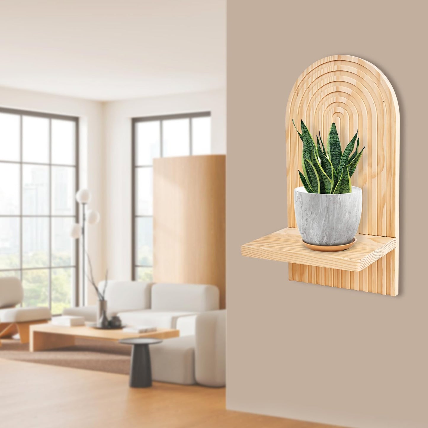 ZELURA 2 Pieces Boho Wall Shelf, Mid Century Shelves, Decorative Storage Unit, Decorative Bohemian Rainbow Hanging Shelves for Bathroom, Bedroom, Kitchen, Living Room, Laundry Room (Natural)