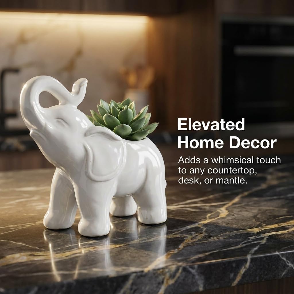 White Elephant Ceramic Flower Pot - Outdoor & Indoor Planter - Elephant Decor Succulent Pot - Small Plant Pot with Drainage - Windowsill & Patio Decor