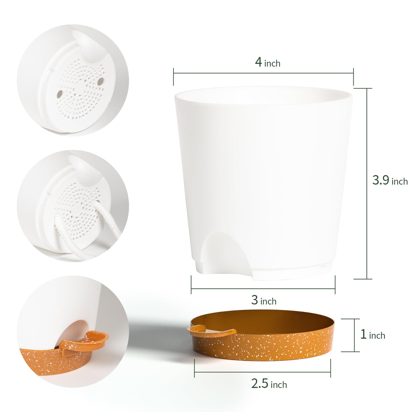 Lotyeter 4 inch Small Plant Pots for Outdoor Indoor Plants, 5 Pack Planters with Drainage Holes and Tray, Small Self Watering Pots for Succulent,Cactus, Aloe and Other Plants (White)