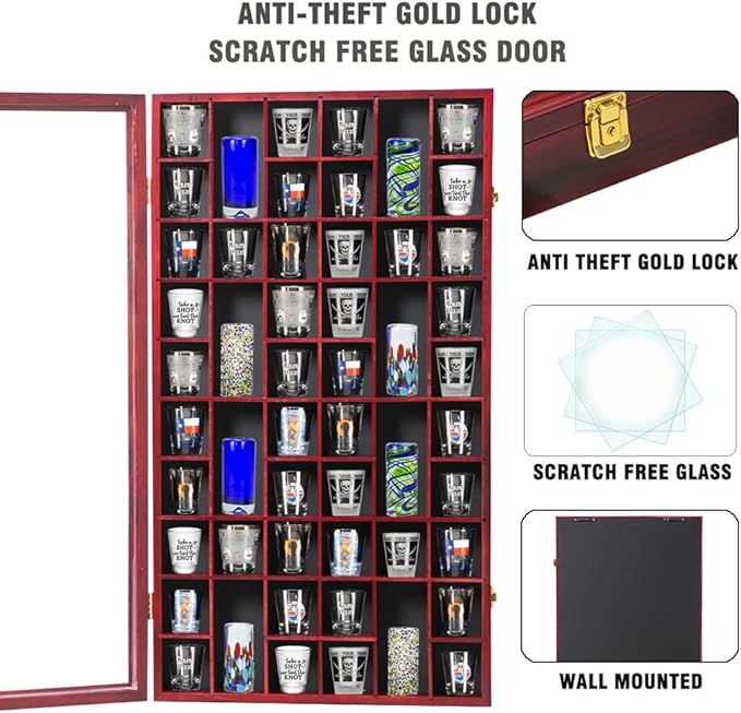 Shot Glass Display Case Large Wooden Cabinet Rack Holder Wall Mounted Mahogany