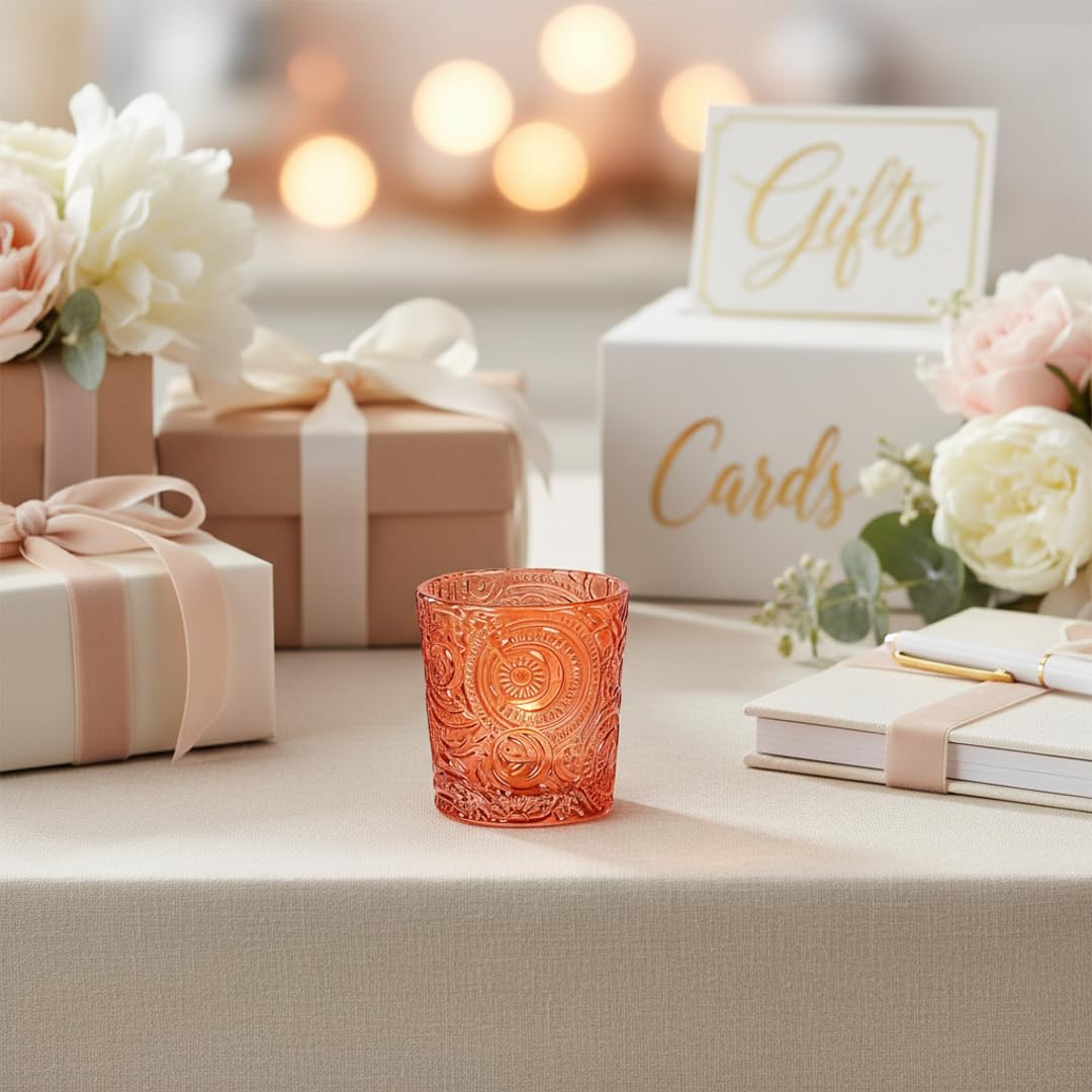 12 Pack Patented Sun Moon Star Embossed Glass Tea Light Candle Holders - Unique Votive Candle Holders for Wedding, Party, and Table Centerpieces (Pumpkin Spice)