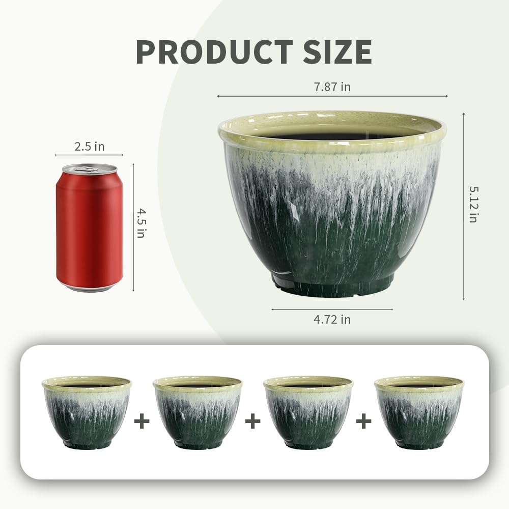 Flower Pots, 8 Inch Plastic Plant Pots for Plants, Set of 4 Planter for Indoor Outdoor Plants with Drainage Hole, Sleek Small Nursery Planting Pot for Home Garden Outdoor Planters(Green Glaze)