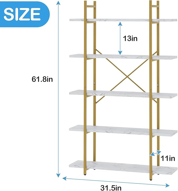 5 Tiers Bookshelf Organizer White Faux Marble Shelf, Modern Open Display